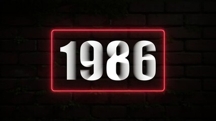 White 1986 Year Number Displayed in Red Neon Light Frame on Mossy Brick Wall text typography