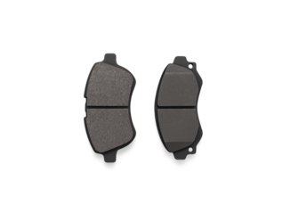 Two automotive brake pads one showing wear and the other new presented side by side on a transparent background for clear visualization of their condition isolated on transparent background