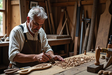 Mature artisan woodworker with grey hair and a beard carves an intricate design into a piece of wood in his traditional, well-equipped craftsman's workshop