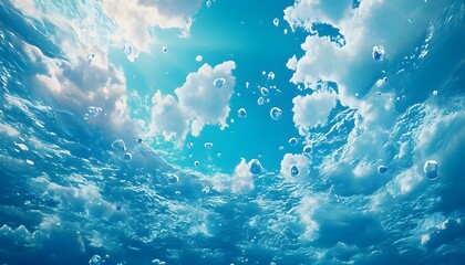 This is a low-angle view looking up from underwater at the ocean's surface, where sunlight penetrates the water and many bubbles rise towards the bright sky.