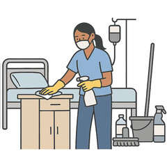 Hospital cleaning staff: essential worker sanitizing patient room hygienically