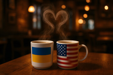 Two mugs and a heart: a symbol of Ukraine-USA friendship