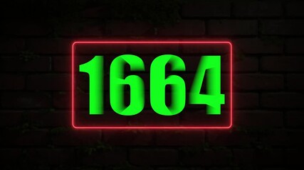 Green neon number 1664 glowing in a red rectangular frame on a textured brick wall with moss image photo