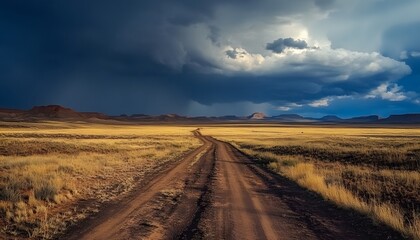 A road in a desert with a storm in the background. The sky is dark and cloudy. The road is dirt and the grass is dry