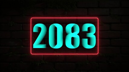 Cyan Number 2083 Glowing in a Red Neon Rectangular Frame on a Dark Brick Wall with Green Moss numeral