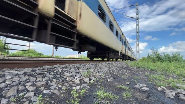 Indian Passenger Train Moving Through Countryside. Indian Railway Close Up View. Indian Public Transport by Train.