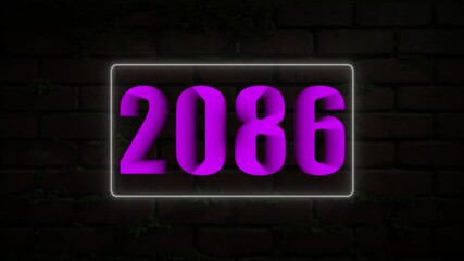 Purple 2086 Number Displayed in White Neon Frame on Mossy Brick Wall year future