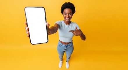 Smiling Woman Presenting Blank Smartphone Screen Modern Communication and Mobile Technology for Digital Solutions and Creative Content