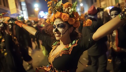 A woman in a black dress with a flower headdress and orange face paint. She is smiling and dancing