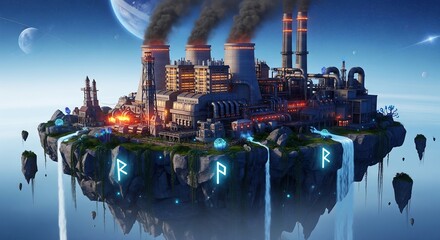 Fototapeta premium Futuristic industrial complex on a mystical floating island in space, concept art for science fiction.