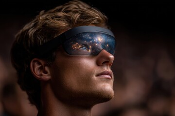 Man experiencing virtual reality with a galaxy visible through futuristic goggles