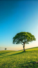 Obraz premium Solitary green tree grassy field clear sky image