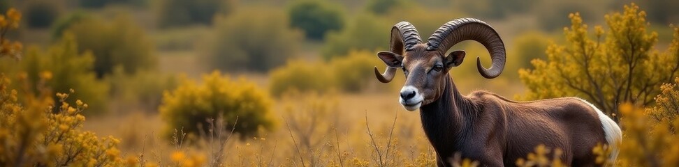 Brown wild sheep with large curved horns amidst dense bushes , flora, mammal