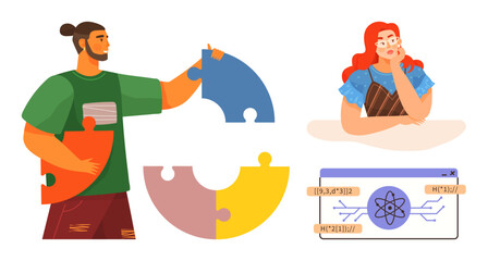 Man assembling puzzle pieces, woman thinking, and digital interface with atomic graphic. Ideal for teamwork, brainstorming, innovation, education, strategy, technology simple flat metaphor