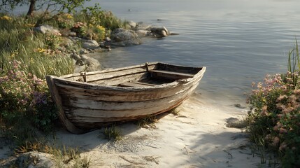Obraz premium Rustic abandoned boat by peaceful lake water wallpaper images