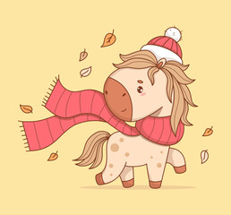 Cute Little Autumn Pony in red Hat and Scarf with Fall Leaves. Funny kawaii seasonal animal. Vector illustration. Kids collection. Not AI