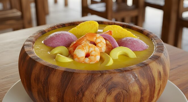 Traditional Brazilian tacac&aacute; served in a wooden bowl, featuring shrimp, tucupi broth, and jambu leaves, authentic Amazonian cuisine, rustic presentation, cultural gastronomy, typical dish from norther
