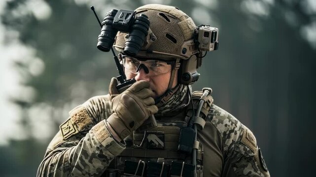 Soldier communicating on radio in tactical gear, military operation, combat preparation, war, footage