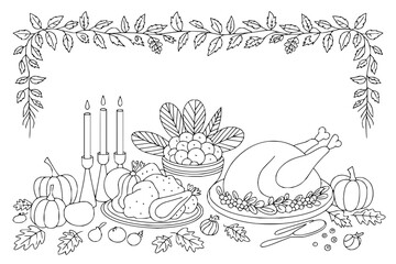 Thanksgiving coloring page: printable thanksgiving dinner scene with turkey, pumpkins and candles drawing
