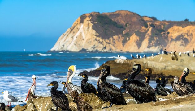 Coastal birds resting on rocks by the ocean.