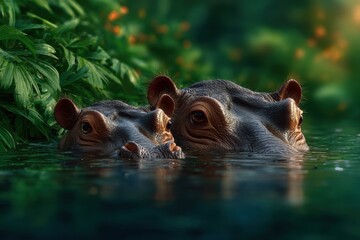 Fototapeta premium Two hippopotamuses submerged in water with green foliage in the background