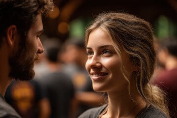 Young couple smiling and looking at each other intimately with soft bokeh background
