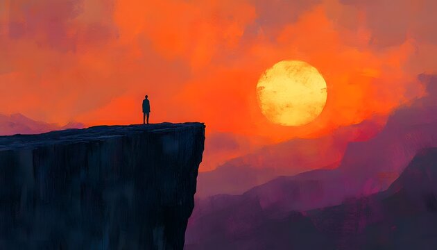 A person is standing on a cliff overlooking a valley. The sun is setting in the background. The sky is orange and the clouds are white - Powered by Adobe