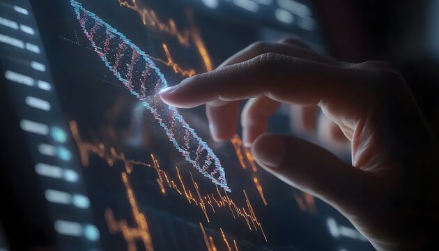 A hand is pointing at a DNA strand on a computer screen. The DNA strand is shown in a blue and orange color scheme