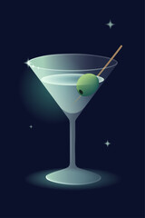 Elegant martini cocktail glass with olive in night background stars using mesh gradient and modern gradient vector illustration