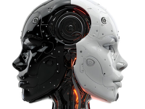 High resolution high clarity image of Human and robot face concept artificial intelligence future technology isolated on transparent background, studio product photo on a clean white background, isola