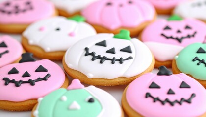 Fototapeta premium Close-up of assorted pastel Halloween sugar cookies. Pumpkin and ghost designs, festive treat.