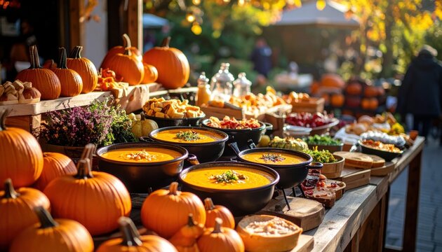 Delicious pumpkin soup served at an outdoor autumn buffet with pumpkins and various fall foods.