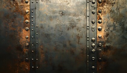 A metal surface with many holes and rivets. The surface is very old and rusty. The holes are of different sizes and are scattered all over the surface