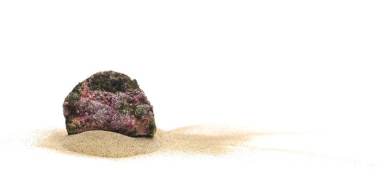 Colorful beach stone and sand isolated on white background, side view