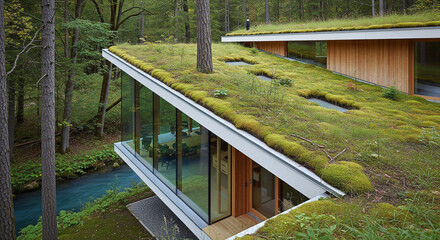 Architecture in harmony with nature: A modern eco-house in the forest by a stream.