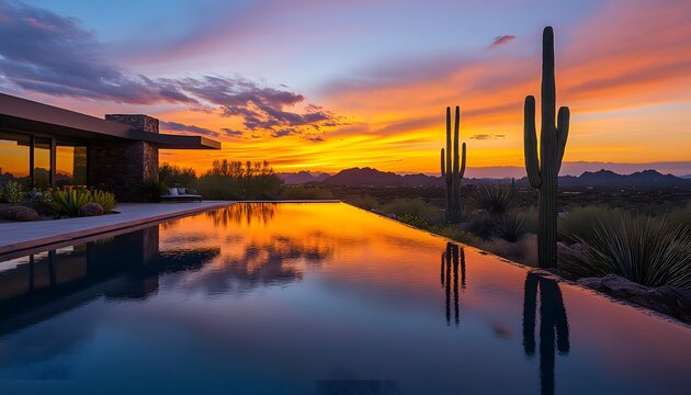 A beautiful pool with a cactus in the background. The sun is setting, creating a warm and inviting atmosphere. The pool is surrounded by a lush green landscape