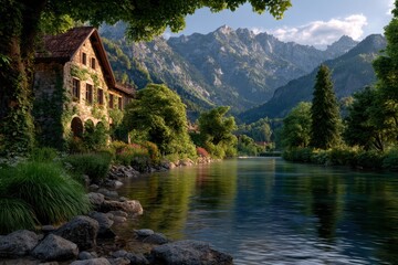 Fototapeta premium Picturesque Mountain Landscape with a Charming European Style House by a Serene River