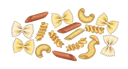 A beautiful hand-drawn set of artisanal pasta shapes, a perfect, elegant illustration pattern for an organic food brand or Italian restaurant menu.