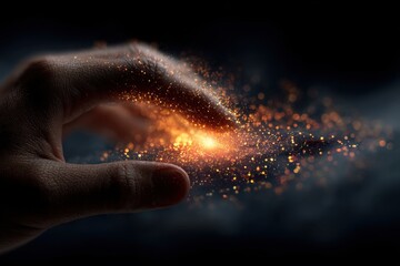 Close-up of a human hand emitting glowing particles, symbolizing magic and creation