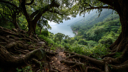 Explore scenic nature trail hiking path through forest trees with lake view for travel and adventure seekers