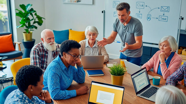 Senior people learning computer skills in modern classroom setting