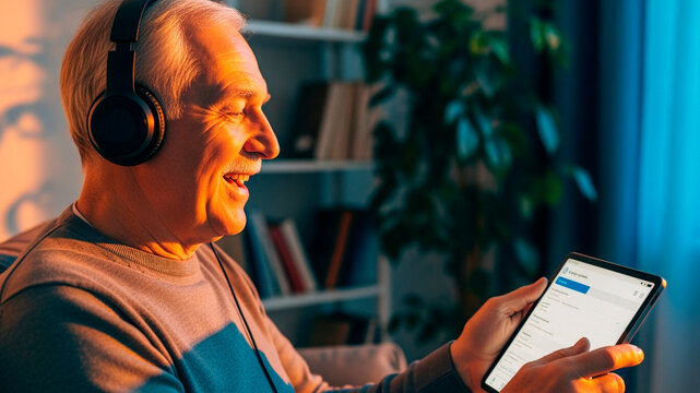 Happy senior man using tablet and headphones at home in evening