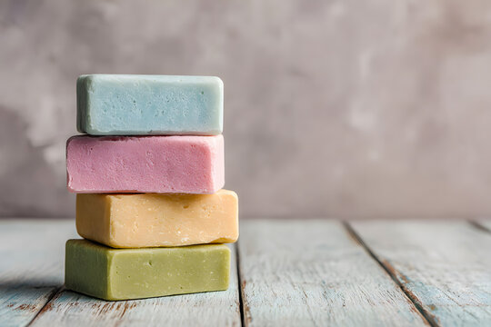 Stacked colorful artisanal soaps for spa, wellness, and natural beauty products