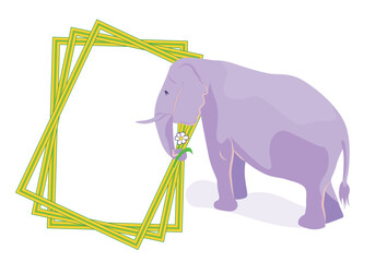 Colorful vector illustration of a purple elephant holding a white flower, with overlapping yellow and green geometric frames. Fun and imaginative design perfect for kids or creative branding.