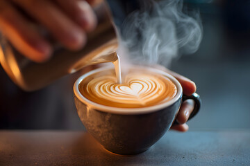 Steaming latte art being poured into a coffee cup, perfect for morning vibes