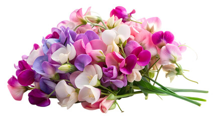 A colorful bouquet of sweet pea flowers isolated on transparent background