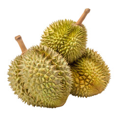 Group of three durian fruits isolated on transparent background