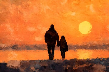 Fototapeta premium Sunset silhouette of father and child walking hand in hand by the ocean shore, heartwarming family love scene symbolizing parenthood, togetherness, bonding and beautiful nature background.