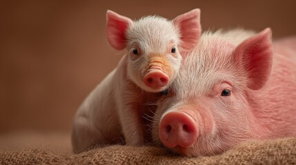 Pig and piglet resting together on soft fabric background showcasing their bond in a cozy environment