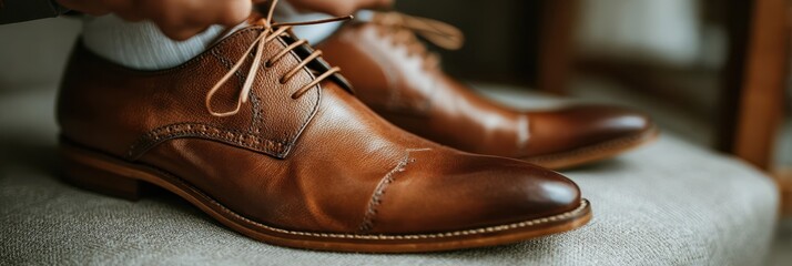 Person ties shoelaces on brown leather shoes while preparing for an event indoors during the day